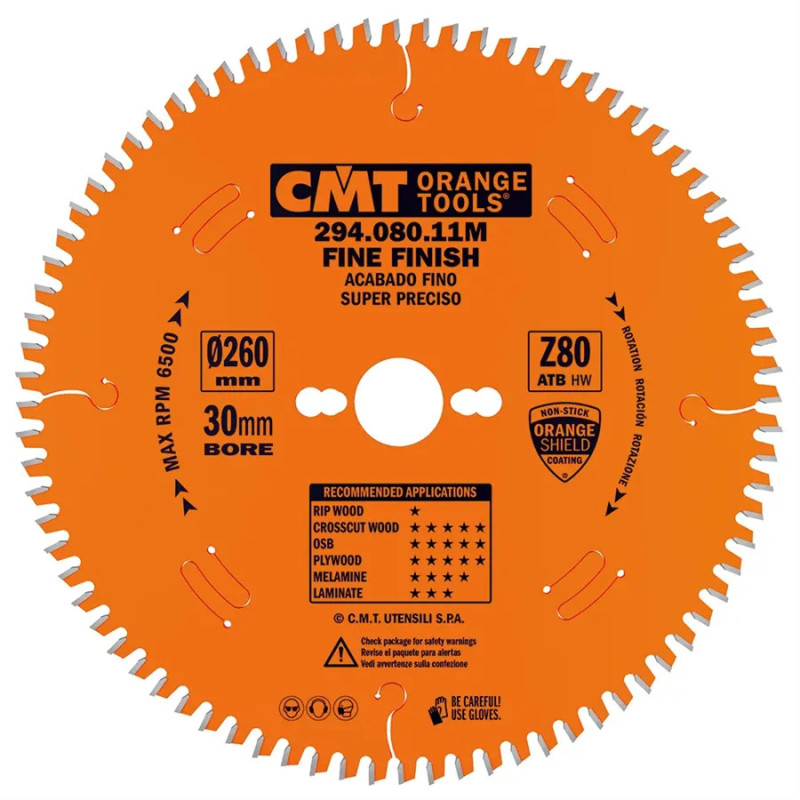 D:260x2,5mm,d:30mm,Z:80, Pilový kotouč pro elektronářadí, finální řez, 294.080.11M, CMT Orange, -5°Neg